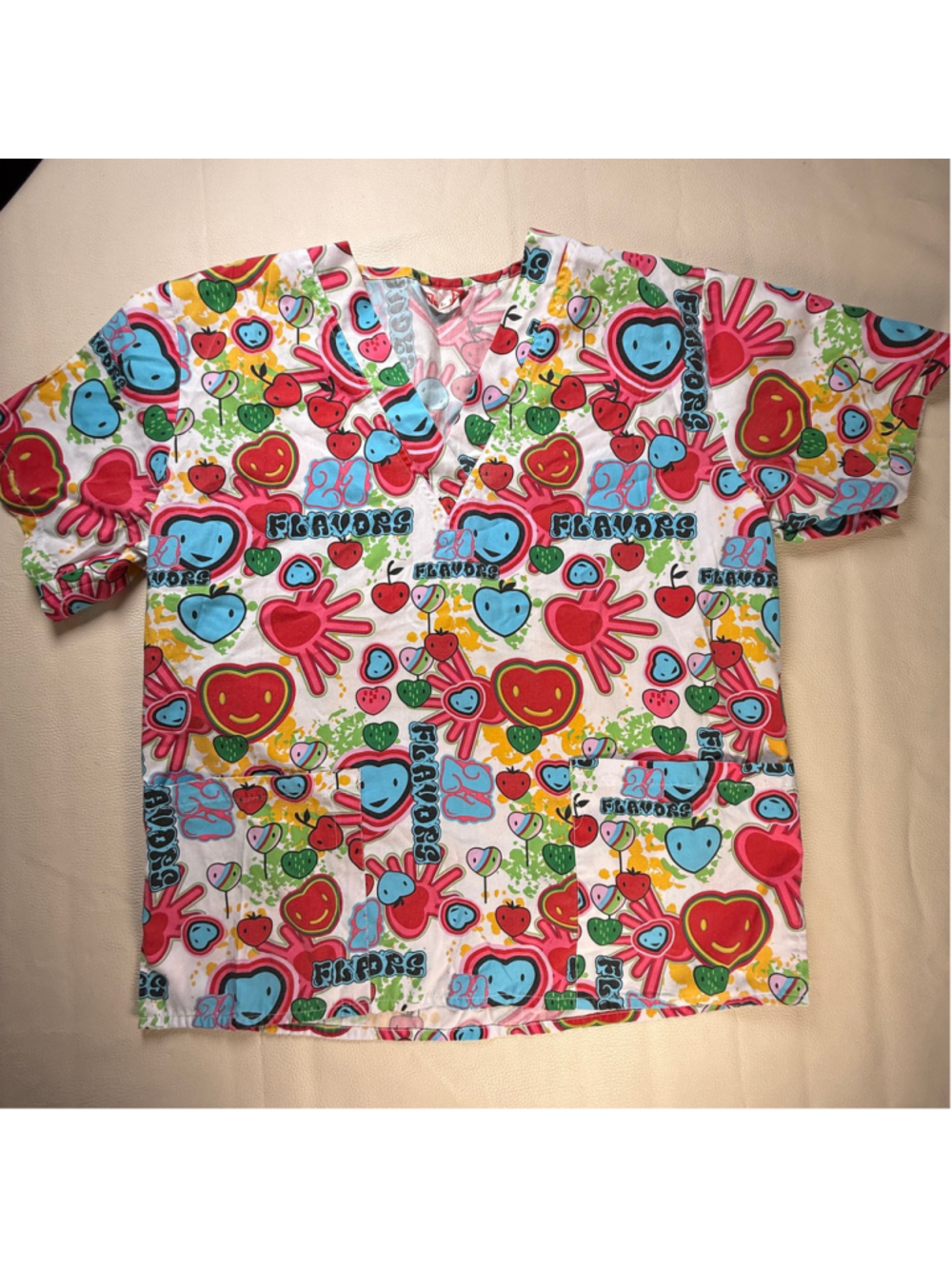 Delta Scrub Top Womens XL Apple Heart Smiley Print V Neck Nurse Medical Colorful